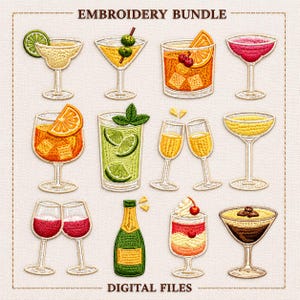 Cocktail Embroidery Bundle Design Drinks Collection Beverage Set Machine Stitch Digital Download Files