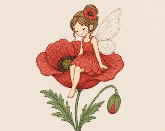 Poppy Fairy Embroidery Pattern Scarlet Blossom Angel Machine Needlework Floral Artwork Design