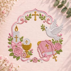 May include: An embroidery design featuring a white dove holding an olive branch, a gold chalice with a host, a candle with a cross, and a pink book with a rosary. The elements are framed by pink floral vines and a gold cross at the top.