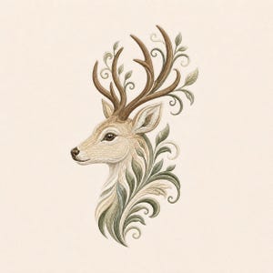 May include: An embroidered design of a deer head in profile, featuring brown antlers that transition into swirling leafy branches. The deer has cream and tan fur, with intricate green and sage foliage patterns flowing from its neck.