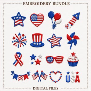 May include: Embroidery bundle featuring patriotic designs. Includes stars, hearts, balloons, a firework, a top hat, a pinwheel, a ribbon, sunglasses, a cupcake, a garland, flags, a heart of stars, and the word "USA". The text "EMBROIDERY BUNDLE" and "DIGITAL FILES" are also present.
