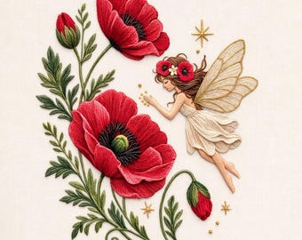 Fairy Poppy Flower Embroidery Design Magical Garden Wings Floral Machine Pattern