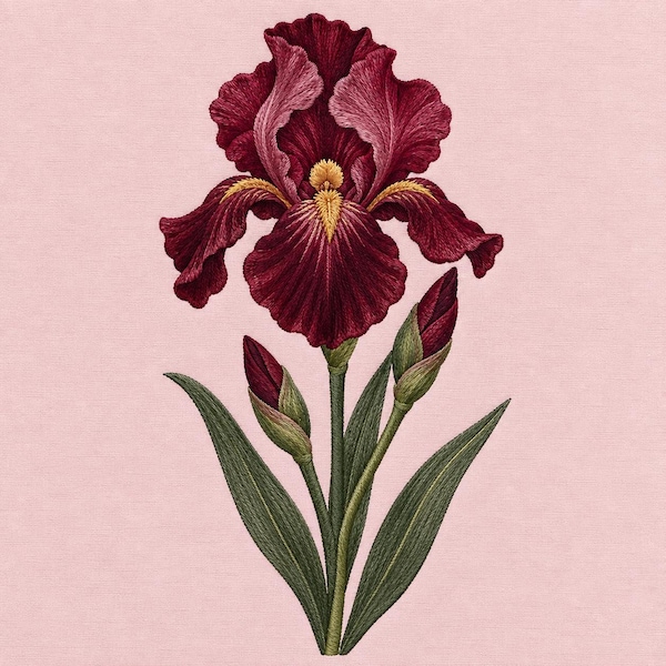 Ricamo a macchina con disegno di iris bordeaux, giardino botanico fiorito, punto artistico