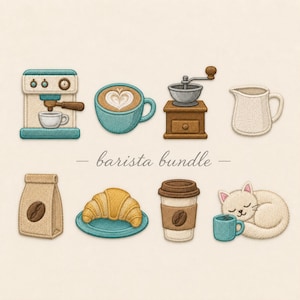 Puede incluir: Un conjunto de diseños de bordado titulado barista bundle que incluye una máquina de espresso color verde azulado, un latte con arte de corazón, un molinillo de café marrón, una jarra blanca, una bolsa de café, un croissant en un plato, un vaso y un gato blanco.