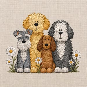 Peut inclure: Une broderie représentant quatre chiens assis ensemble : un schnauzer gris, un grand chien jaune doré, un petit chien marron et un grand chien noir et blanc. Des marguerites blanches à cœur jaune sont placées de chaque côté de l'ensemble.