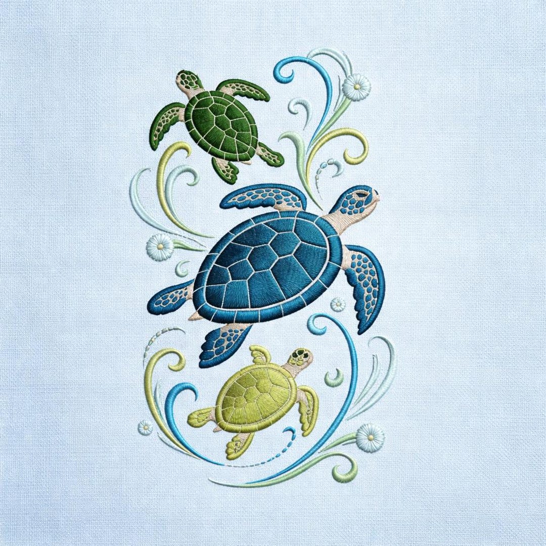 Sea Turtle Embroidery Design Marine Animals With Ocean Waves Decorative ...