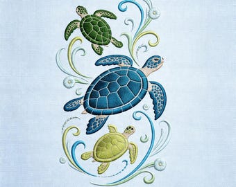 Sea Turtle Embroidery Design Marine Animals With Ocean Waves Decorative Coastal Pattern File