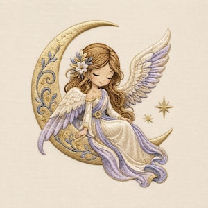 May include: An embroidery design featuring a long-haired angel with light purple wings sitting on a gold crescent moon. The angel wears a flowing white and purple gown, with a small flower in their hair. Two gold stars are visible nearby.