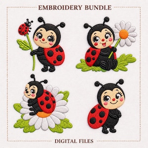 Può includere: Un pacchetto di ricamo con quattro disegni di coccinelle. Ogni coccinella è nera con ali rosse a pois e un viso sorridente. Alcune tengono fiori o sono sedute su foglie. Il testo "EMBROIDERY BUNDLE" e "DIGITAL FILES" è in alto e in basso.