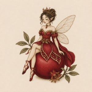 May include: A detailed illustration of a fairy in a red dress and crown, seated on a large red fruit. The fairy has delicate wings and is surrounded by leaves and a flower. The artwork has a soft, whimsical style.
