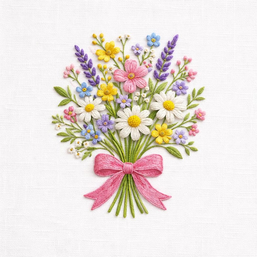 Floral Bouquet Embroidery Design Daisy Wildflower Ribbon Spring Gift ...