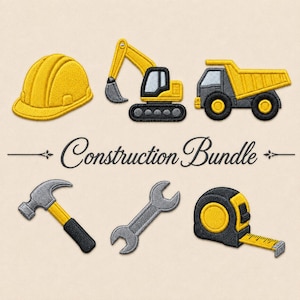 May include: An embroidery design set featuring a yellow hard hat, a yellow excavator, a yellow dump truck, a hammer, a wrench, and a yellow tape measure. The text "Construction Bundle" is centered in the middle of these six embroidered icons.