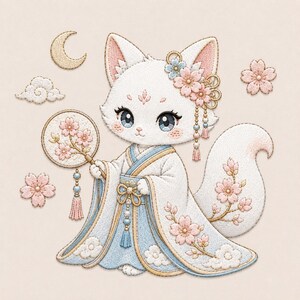 May include: An embroidered patch featuring a white cat wearing a blue and white kimono with gold trim. The cat holds a round fan decorated with pink cherry blossoms. Additional embroidered elements include a crescent moon, clouds, and flowers.