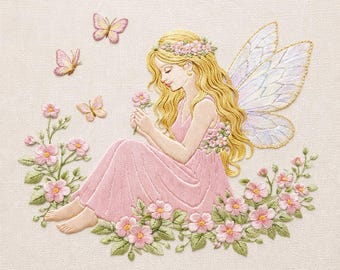 May include: Embroidered image of a fairy with long blonde hair, wearing a pink dress and flower crown, holding a flower. Pink butterflies flutter around her. She is surrounded by pink flowers and green leaves, all on a cream-colored background.