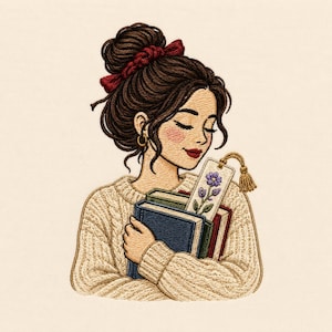 May include: An embroidery design featuring a person with brown hair in a bun with a red ribbon, wearing a beige cable-knit sweater. They are holding three books, one blue, one green, and one red, with a bookmark featuring a purple flower.