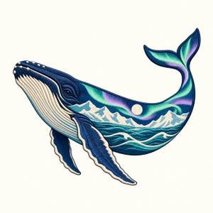Puede incluir: Un parche bordado con forma de ballena jorobada. La ballena presenta un cuerpo azul profundo con surcos blancos en la garganta. Su costado muestra un paisaje de montañas nevadas, olas del océano, una luna llena y auroras boreales.