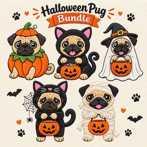 Puede incluir: Un conjunto de diseños de bordado titulado Halloween Pug Bundle que muestra cinco carlinos disfrazados: uno con traje de calabaza, dos con trajes de gato negro, uno de fantasma con sombrero de bruja y otro de momia. Cada carlino sostiene un cubo de calabaza.