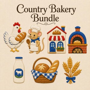 以下が含まれることがあります： 「Country Bakery Bundle」と題された刺繍ワッペンのコレクション。パンを持つ白い鶏、シェフのネズミ、パン屋の建物、レンガ造りのオーブン、牛乳瓶、青いギンガムチェックの布が入ったパンかご、そして小麦の穂がデザインされています。