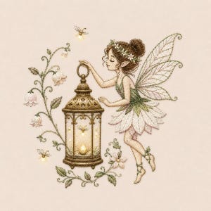 Può includere: Immagine ricamata di una fata con una lanterna, circondata da fiori e lucciole. La fata ha i capelli castani, un vestito verde e bianco e ali delicate. La lanterna è dorata e ha un bagliore caldo. L'opera d'arte è su uno sfondo rosa chiaro.