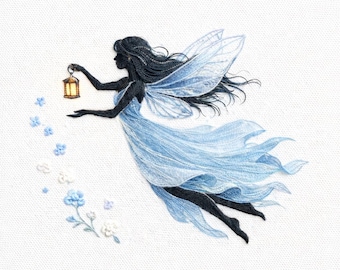 May include: A silhouette of a fairy with black hair and blue wings, holding a lantern. She wears a flowing blue dress, with blue flowers and a white background. The image is an illustration.