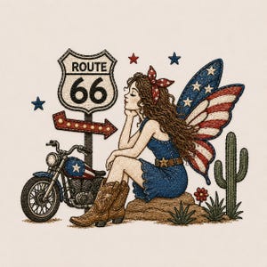 May include: An embroidered design featuring a woman with butterfly wings, a Route 66 sign, and a motorcycle. The woman wears a denim dress, cowboy boots, and a red bandana. The wings are red, white, and blue.