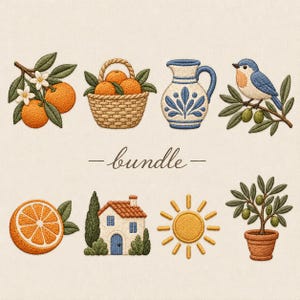 May include: An embroidery design bundle featuring oranges on a branch, a basket of oranges, a blue and white ceramic pitcher, a blue bird on an olive branch, a sliced orange, a small house, a yellow sun, and an olive tree in a terracotta pot.