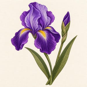 May include: An embroidery design of a vibrant purple iris flower with yellow accents on the petals. The design includes a single blooming iris, a closed purple bud, and several green leaves and stems, all rendered with detailed stitching.