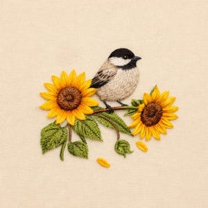 May include: Embroidered artwork featuring a small bird perched on a branch with two sunflowers. The bird has a black head, white cheeks, and a beige body. The sunflowers are yellow with brown centers, and the leaves are green. The background is a light beige fabric.