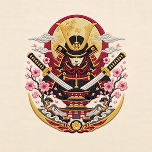 Samurai rustning broderi design japansk krigare katana sakura tempel orientalisk maskin mönster