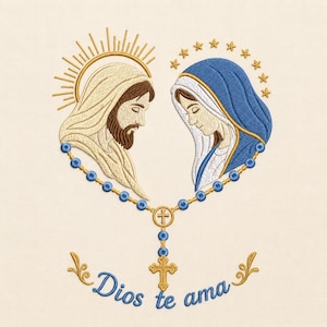 May include: An embroidery design featuring the profiles of Jesus and Mary facing each other, framed by a rosary with blue beads and a gold cross. Above them are a gold sunburst and stars. The text "Dios te ama" is embroidered in blue below.