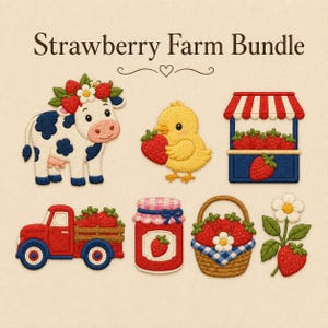 Op de afbeelding: Een verzameling geborduurde patches getiteld Strawberry Farm Bundle, met een koe met aardbeien, een geel kuikentje met een aardbei, een rood-wit gestreepte marktkraam, een rode vrachtwagen, een jampot, een mand met aardbeien en een bloem.
