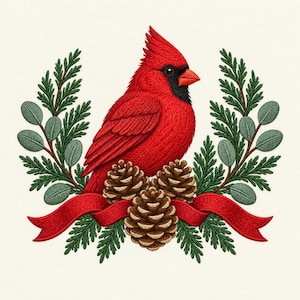 May include: An embroidered design featuring a vibrant red cardinal bird with a black face mask, perched above three brown pinecones. The bird is framed by green evergreen sprigs and eucalyptus leaves, accented by a flowing red ribbon at the base.