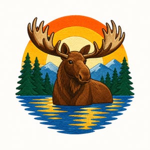 Könnte beinhalten: Ein kreisförmiges Stickdesign mit einem braunen Elch, der im blauen Wasser steht. Der Hintergrund zeigt eine gelbe und orangefarbene Sonne, blaue Berggipfel und dunkelgrüne Tannen. Das Wasser spiegelt das goldene Sonnenlicht wider.