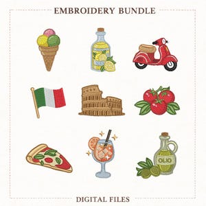 May include: An embroidery bundle featuring Italian-themed designs. Includes an ice cream cone, a bottle of lemon-infused oil, a red scooter, the Italian flag, the Colosseum, tomatoes, pizza, a cocktail, and olive oil.