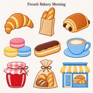 May include: An embroidery design titled French Bakery Morning featuring a croissant, a paper bag with baguettes, a chocolate pastry, three macarons, an eclair, a blue coffee cup, a jar of jam, a bag of bread, and a bakery storefront.