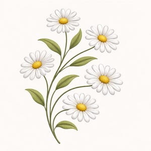 May include: A digital illustration of a daisy bouquet. The bouquet features five white daisies with yellow centers and green leaves. The flowers are arranged on a green stem against a white background.