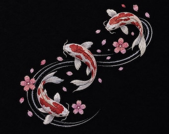 Koi Fish Sakura Swirl Japanese Garden Embroidery Artwork Elegant Zen Decor
