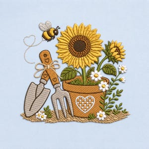 Diseño de bordado a máquina rústico de verano para maceta de abejas con jardín de girasoles, estilo granja.