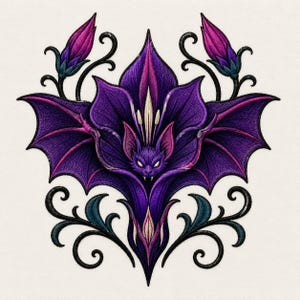 May include: An embroidered patch featuring a central purple bat with spread wings integrated into a large, stylized purple flower. The design includes two purple flower buds at the top and black swirling vine accents at the base.