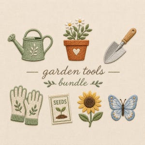 May include: An embroidery design set featuring a sage green watering can, a terracotta pot with white flowers, a metal trowel, cream gardening gloves, a seed packet labeled SEEDS, a yellow sunflower, and a blue butterfly with the text garden tools bundle.