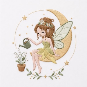 May include: An embroidered design features a fairy with brown hair and green clothing, seated on a crescent moon. She is watering a potted plant with a small green watering can. The design includes stars and floral accents.