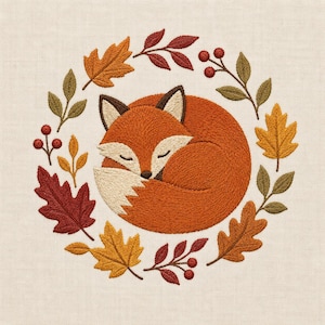 Raposa Dormindo Folhas de Outono Floresta Animal Desenho de Bordado à Máquina Decoração