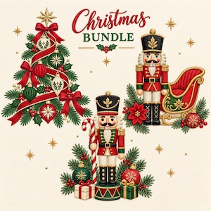 May include: A Christmas Bundle graphic featuring a decorated pine tree with red ribbons and ornaments, two nutcracker figures in red and green uniforms, a red sleigh, and gift boxes, all accented with holly, poinsettias, and gold star icons.