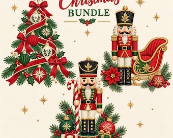 Peut inclure: Un ensemble graphique de Noël comprenant un sapin décoré de rubans rouges et de boules, deux casse-noisettes en uniformes rouge et vert, un traîneau rouge et des cadeaux, agrémentés de houx, de poinsettias et d'étoiles dorées.