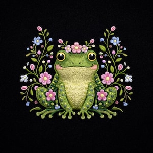 May include: An embroidered design of a smiling green frog wearing a flower crown, surrounded by floral vines with pink and blue blossoms. The frog has yellow eyes and a light yellow belly, set against a black backdrop.