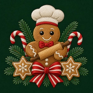 Può includere: Una toppa ricamata raffigurante un omino di pan di zenzero con un cappello da chef bianco e un papillon rosso, che tiene in mano un mattarello di legno. Il design include due bastoncini di zucchero, due biscotti a stella e rami di pino verdi.