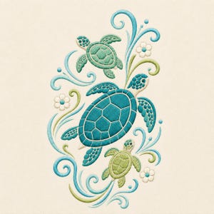 Sea Turtle Family Ocean Waves Coastal Floral Machine Embroidery Design Artwork