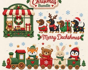 May include: An embroidery design set featuring a Christmas Bundle sign, a shop window with a teddy bear and train, four dachshunds with holiday accessories, and a train carrying a fox, bear, rabbit, and penguin, with the text Merry Dachshmas.