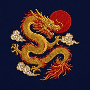 May include: An embroidered design on a dark blue fabric featuring a golden dragon with red accents, positioned in a serpentine pose. The dragon is surrounded by white stylized clouds and a solid red circular sun in the upper right corner.