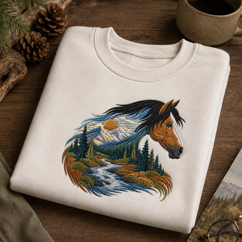 Peut inclure: Un sweat-shirt &agrave; col rond couleur cr&egrave;me orn&eacute; d'une broderie d&eacute;taill&eacute;e repr&eacute;sentant une t&ecirc;te de cheval. La crini&egrave;re du cheval se fond dans un paysage compos&eacute; d'une rivi&egrave;re, de pins verts, de montagnes enneig&eacute;es et d'un soleil jaune.